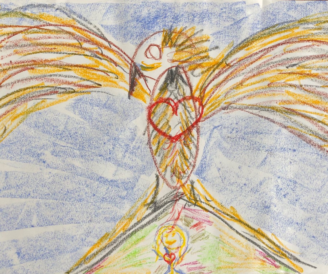 Symbolbild der katathym imaginative Psychotherapie Bunt gezeichneter Vogel mit Herz auf der Brust und ausgebreiteten Flügeln.