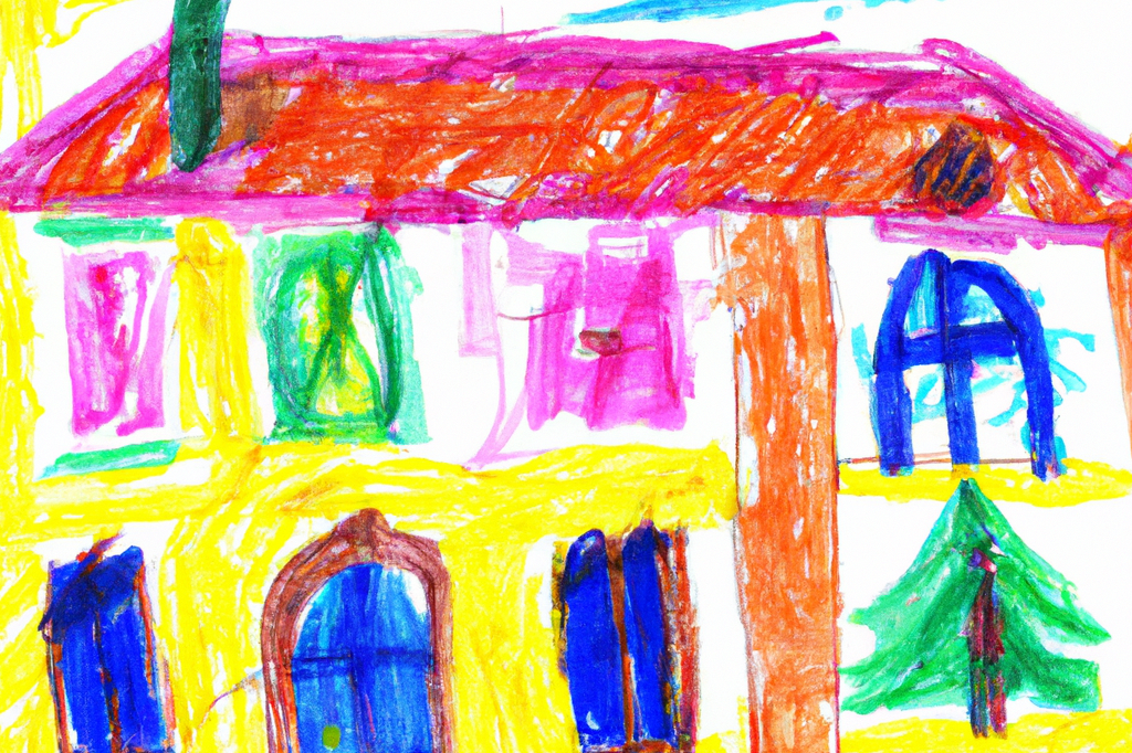 Bunte Zeichnung eines Hauses mit grünen Fenstern und einem Baum im Vordergrund.