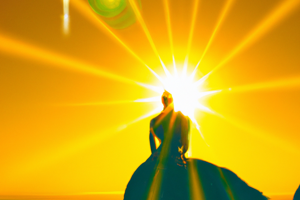 Silhouette einer Person vor einem strahlenden Sonnenuntergang.