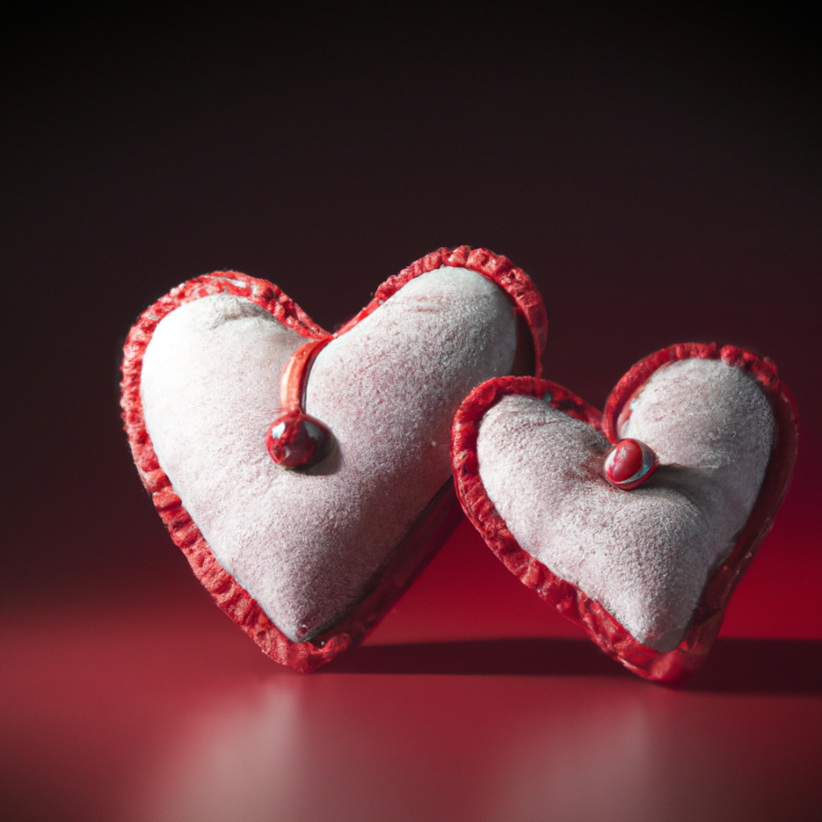 Zwei rote, herzförmige Kissen auf einem dunklen Hintergrund.